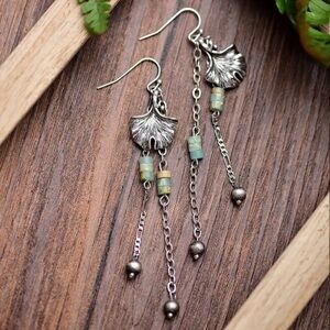 Amazonite and Jasper beaded Boho Silver Leaf Dangle Chain Artisan Earrings